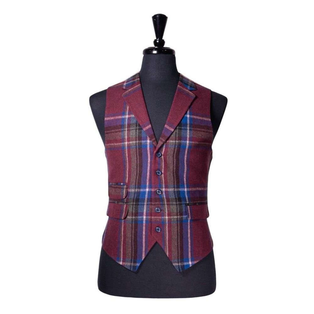 Mens Plaid Vest 40R Burgundy Blue Wool Waistcoat Boho Casual Preppy Wedding